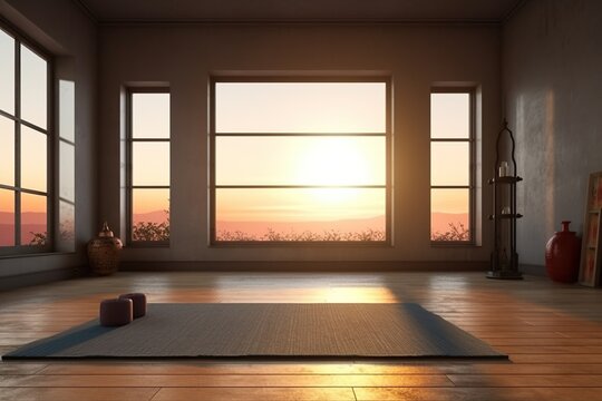 A Japanese-style Yoga Or Meditation Room With Large Windows, No People. Generative AI