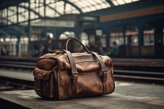 Traveller leather bag, luggage at train station with blurred background. AI generated.  Generative AI