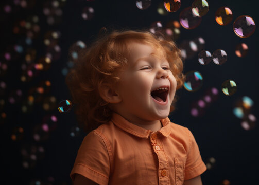 A Cute baby Girl blowing bubbles and laughing with joy against a colorful background
