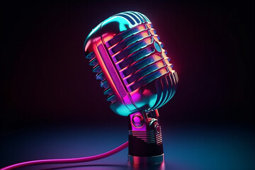 Retro professional microphone in neon futuristic style. AI generated.  Generative AI - 600742501