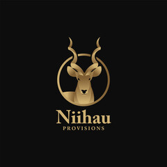Golden deer with antlers logo design for premium brand. this logo can be used as outdoor business, camping and hunting 