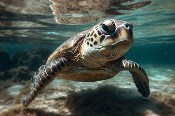 Fototapeta premium Close Up portrait of happy sea turtle swimming underwater. AI generated. Generative AI