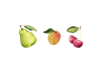 Watercolor pear, apricot, cherry. Hand drawn illustration is isolated on white. Summer fruits with leaf are perfect for kids design, juice packaging, fabric prints, greeting card