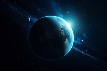Obraz na płótnie Canvas Blue planet, Earth in cosmic space. Galaxy, cosmos, space background. Generative AI. 