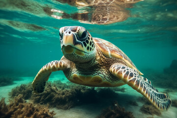 Close Up portrait of happy sea turtle swimming underwater. AI generated. Generative AI
