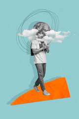 Creative photo collage of headless moon planet person user smartphone modern technology social...