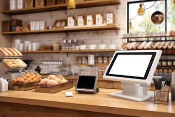 Blank Screen Cash Register and Tablet on Wooden Counter - Perfect for 3D Render of Luxurious Grocery Store with Product Displays, Ai Generated - obrazy, fototapety, plakaty