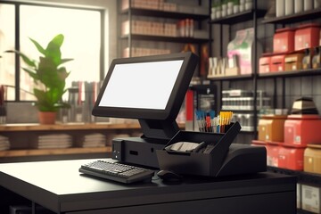 Blank Screen Cash Register and Tablet on Wooden Counter - Perfect for 3D Render of Luxurious Grocery Store with Product Displays, Ai Generated