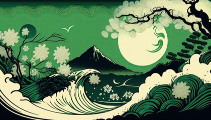 A traditional Japanese ukiyoe painting of a green cream mountainous landscape in a design. Abstract, Elegant and Modern AI-generated illustration