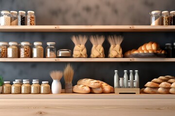 Obraz na płótnie Canvas Healthy Organic Grocery Store with Eco-Friendly Interior: Wood Wall, Parquet Floor, and Assorted Vegan Bread, Buns, and Snacks on Shelves and Interior Design, Ai Generative
