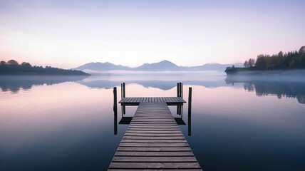 Pier on the lake in the early morning. AI generedet  - obrazy, fototapety, plakaty