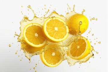 Fototapeta na wymiar Ripe lemons and splashes of water on a white background. AI generative.