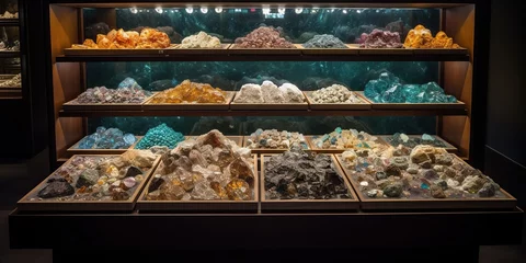 Poster A meticulously arranged display of rare minerals and gemstones, reflecting their diverse colors and textures, concept of Geological Rarity, created with Generative AI technology © koldunova