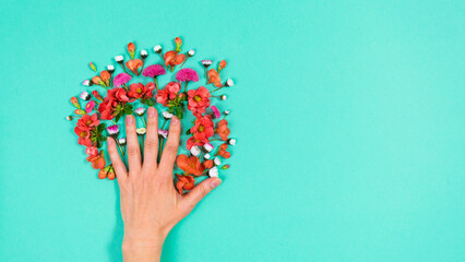Natural red and white flowers near the woman palm. Concept of love and beauty. Turquoise background.