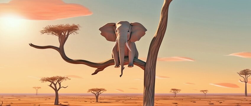 Happy Elephant, Sitting on Tree Branch, Summer Desert Landscape, Generative AI