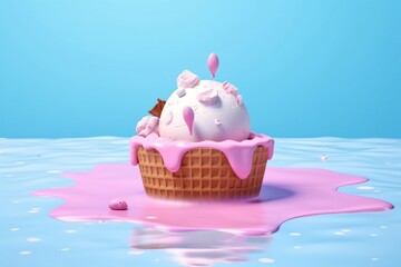 Melting Pink Ice Cream on Pastel Background. Generative AI