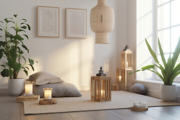 A tranquil meditation room with minimalistic decor, gentle lighting, and calming colors, providing a space for relaxation and mindfulness.