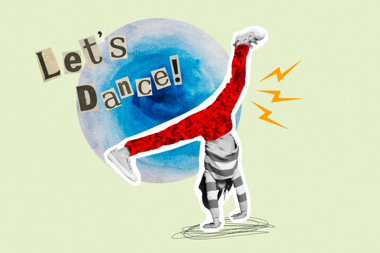 Creative collage image of black white colors person stand arms upside down lets break dance isolated on painted background