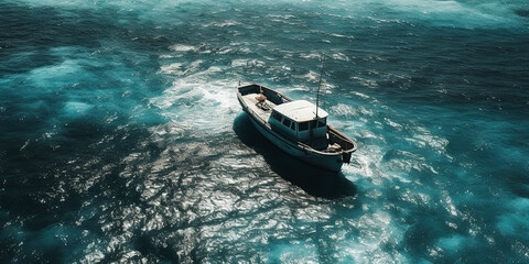 Fototapeta premium boat floating in the sea, summertime concept, panoramic image. Generative Ai