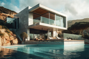 Luxury beach house with swimming pool in modern design. Generative Ai