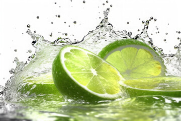 Fototapeta na wymiar Fresh lime and splashes of water on a white background. AI generative.