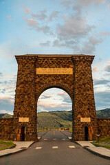 Looking Through An Empty Roosevelt Arch At Sunset In Yellowstone