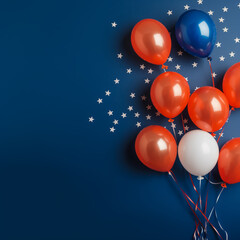 Fourth of july USA Independence day greeting card with red and blue balloons, confetti, copy space. Generative ai