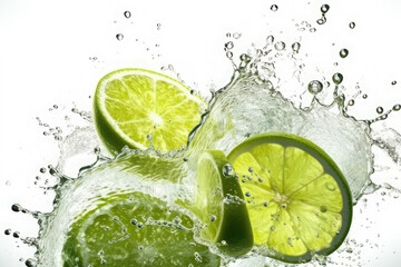 Fototapeta na wymiar Juicy lime slices and splashes of water on a white background. AI generative.