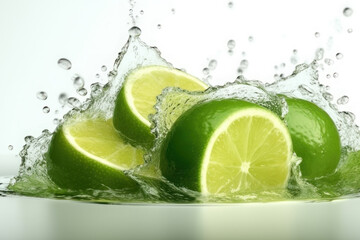Lime slices and splashes of water on a white background. AI generative.