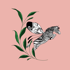 Obraz premium Zebra with butterfly wings on a pink background with a twig