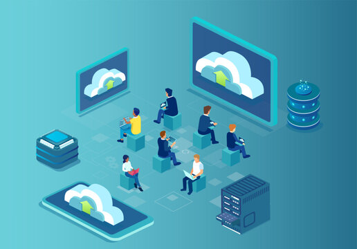 Isometric Vector of a group of people using computers and cloud services