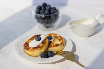 Appetizing and healthy breakfast. Cottage cheese pancakes