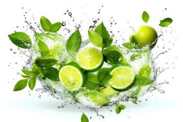 Mojito cocktail. Lime slices, mint leaves and water splashes on white background. AI generative.