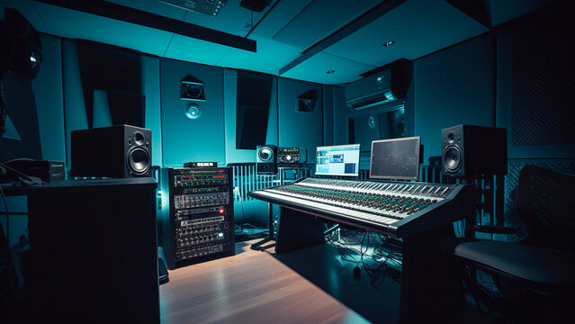 Sound recording studio in blue toned. Generative AI.