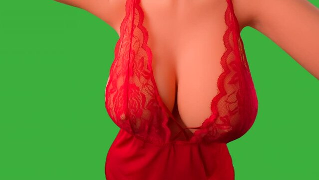 Very large breasts on the torso of a doll, resembling a woman showing cleavage in a red lingerie dress. Subtle movement. Arms reaching beyond camera, breasts shaking slightly. Green screen, 60 fps.