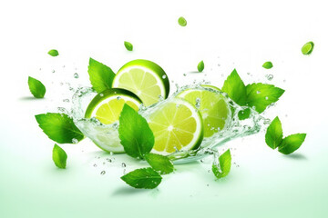 Mojito Ingredients. Lime slices, mint leaves and water splashes on white background. AI generative.