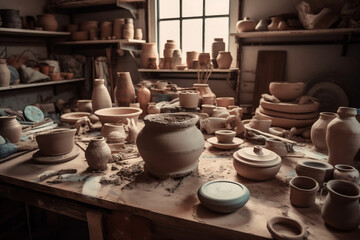  A creative pottery workshop scene displaying clay works in progress, pottery tools, and a pottery wheel, celebrating the art of ceramics and craftsmanship. - obrazy, fototapety, plakaty