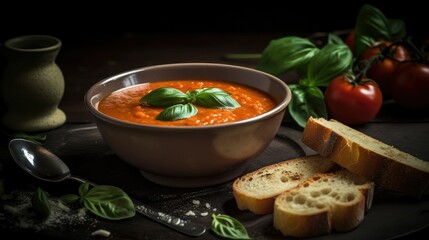 tomato soup with basil and bread. Generative AI
