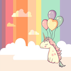 Happy birthday unicorn with air balloons on rainbow background. Cute cartoon character little horse in entertaiment card design.  Kawaii fairy animal with horn. Vector illustration for baby shower