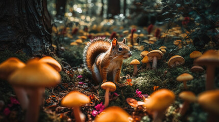 Fototapeta premium Squirrel in mushroom forest