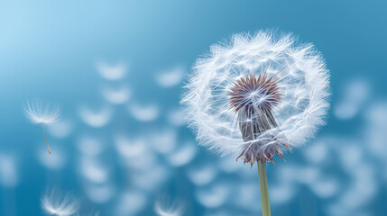 Dandelion on blue background. Illustration AI Generative.