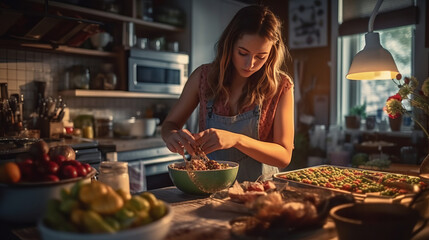 Woman cooking at kitchen. Illustration AI Generative.