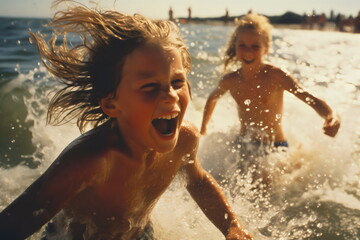 kids splashing in water in summer at golden hour, carefree fun in the sun made with generative ai