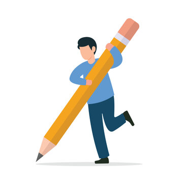 Man holding big pencil.Cute funny isolated character. Drawing, writing, creating, design, blogging concept vector illustration