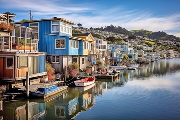 Fototapeta na wymiar Waldo Point Harbor, Houseboats Silhouettes, San Francisco Bay, Generative AI