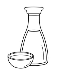 Soy sauce. Glass bottle of traditional asian sauce with gravy boat. Doodle sketch style. Vector illustration isolated on white background.