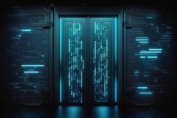 Blue data warehouse hacking backdoor with locker neon cybersecurity door