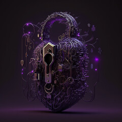 Cybersecurity locker backdoor hacking purple steel with gold elements darkweb neon sign in