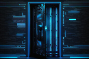 Blue data warehouse hacking backdoor with locker neon cybersecurity door opened - obrazy, fototapety, plakaty