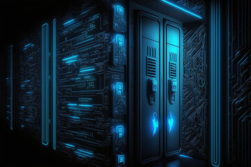 Blue data warehouse hacking backdoor with locker neon cybersecurity